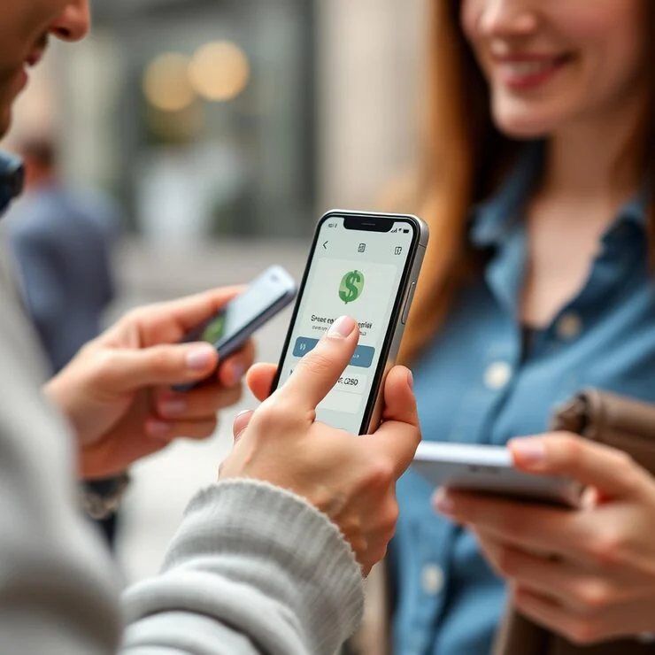 people sending receiving money wireless with their mobile phones hand tapping smart phone with banking payment 776674 1115286